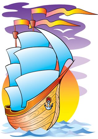 big ship with big white sails in the sea, vector illustration, epsのイラスト素材