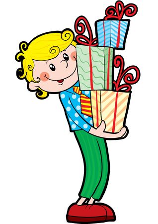 teenager holds a mountain of boxes with gifts in his hands, isolated object on a white background, vector illustrationのイラスト素材