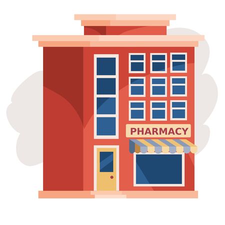multi-storey building in red on color on the ground floor of which is a store or cafe, isolated object on a white background, vector illustration,のイラスト素材