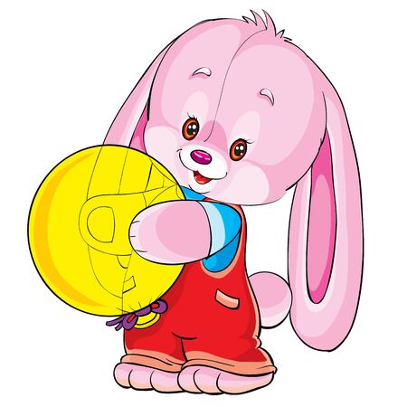 cute pink hare character holding a yellow balloon, isolated object on a white background, vector illustration, epsのイラスト素材