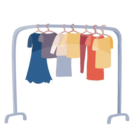 many different clothes hanging on a hanger in a store, isolated object on a white background, vector illustration,のイラスト素材