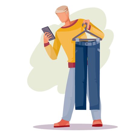 man holds a hanger with pants in his hands and looks at his phone, isolated object on a white background, vector illustration,のイラスト素材