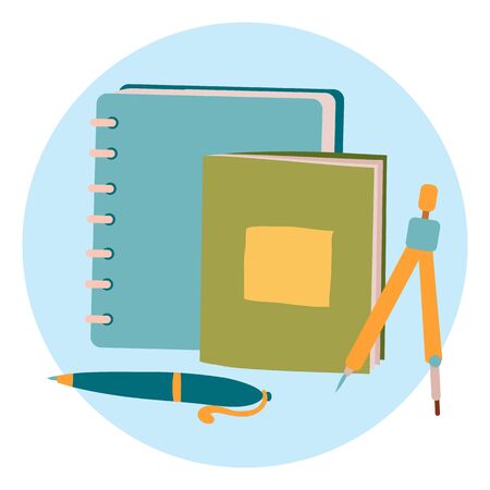 set of stationery for school and office from notebook, notebook, compass and pen, isolated object on a white background, vector illustration,のイラスト素材