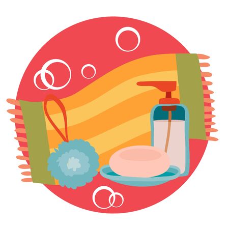 set of items for personal care soap, towels and washcloths, isolated object on a white background, vector illustration,のイラスト素材