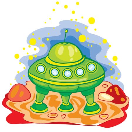 cartoon illustration, green flying saucer landed on some planet, isolated object on a white background, vector illustration, epsのイラスト素材