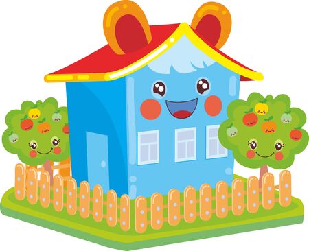 blue kawaii house with ears, around a garden with apple trees, isolated object on a white background, vector illustration, epsのイラスト素材