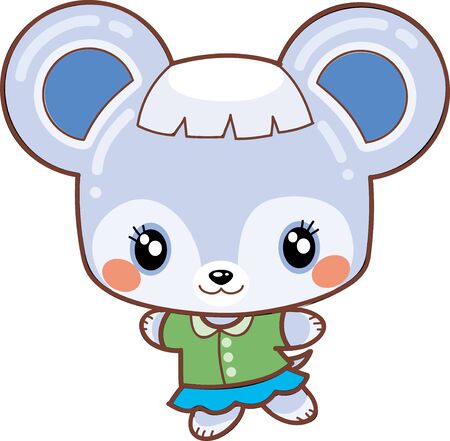 kawaii mouse in a green blouse and blue skirt, isolated object on a white background, vector illustrationのイラスト素材