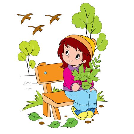 cute girl in autumn sits on benches and holds a bunch of leaves in her hands, ducks fly high in the sky to warm lands, vector illustration, epsのイラスト素材