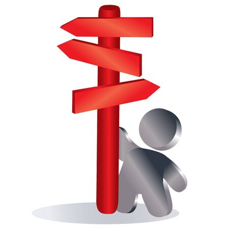 man stands next to a red pillar with pointers in different directions, symbol, isolated object on a white background, vector illustration, epsのイラスト素材
