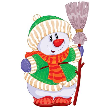 cute snowman in a knitted hat, in a knitted jacket and with a knitted scarf holds a broom in his hands, isolated object on a white background, cartoon illustration, vector illustration, epsのイラスト素材