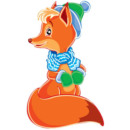 cute fox character in hat and mittens, cartoon illustration, isolated object on a white background, vector illustrationのイラスト素材