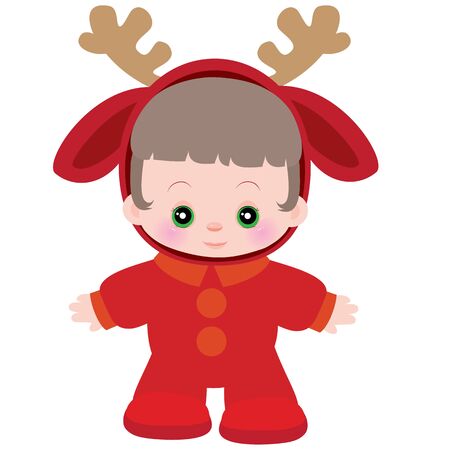 little cute baby dressed in a deer costume, carnival, new year, isolated object on a white background, vector illustrationのイラスト素材
