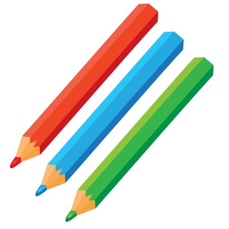set of three pencils in red, green and blue for drawing and school, isolated object on a white background, vector illustration, epsのイラスト素材