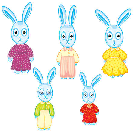 set of hares of children who are dressed in different clothes, isolated object on a white background, vector illustrationのイラスト素材