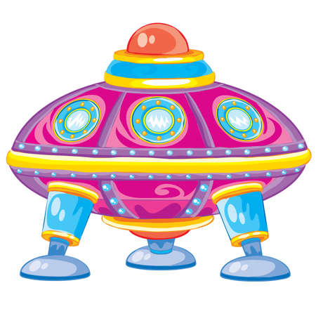 cartoon illustration, pink flying saucer landed on some planet, isolated object on a white background, vector illustrationのイラスト素材