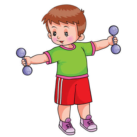 boy holds dumbbells on outstretched arms, healthy lifestyle, mode, isolated object on a white background, vector illustration, epsのイラスト素材