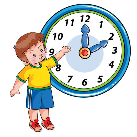 boy stands next to a large clock and shows it with his hand, the clock is two o'clock, cartoon illustration, isolated object on a white background, vector illustration, epsのイラスト素材