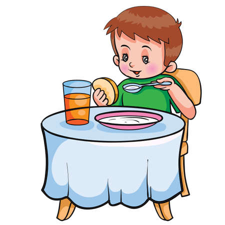 boy sitting at the table and having breakfast with porridge with bread and drinking compote, isolated object on white background, vector illustration, epsのイラスト素材