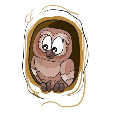 owl sitting in a hollow tree, cartoon illustration, isolated object on a white background, vector illustration, epsのイラスト素材