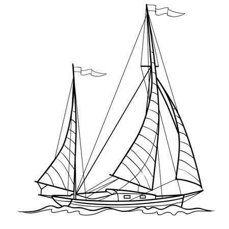 sketch of sailing ship, coloring book, isolated object on white background, vector illustration, epsのイラスト素材