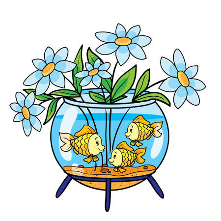 aquarium with fish is misused and put a bouquet of flowers in it, cartoon illustration, isolated object on a white background, vector illustrationのイラスト素材