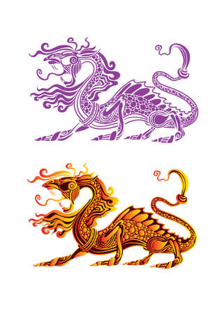 two stylized dragons in different colors, china, tattoo, isolated object on white background, vector illustrationのイラスト素材