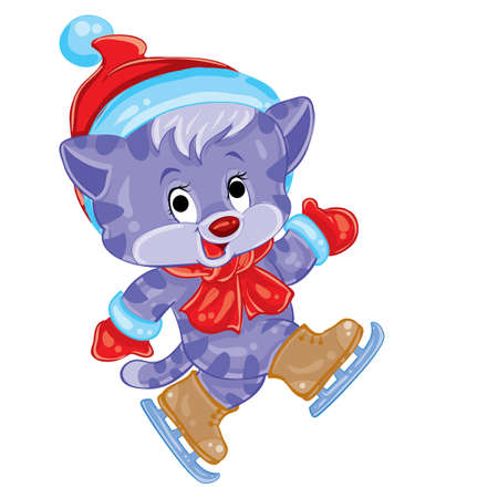 cute blue cat character in hat and scarf is skating, cartoon illustration, postcard, isolated object on a white background vectorのイラスト素材