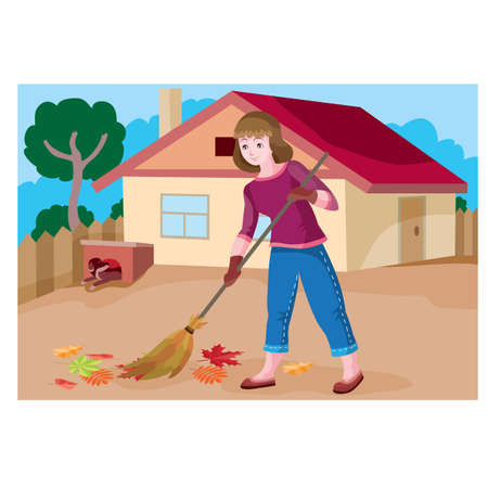 woman sweeping leaves around her house with a broom, yard, cartoon illustration, autumn, yard, vectorのイラスト素材