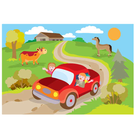 family in a red car leaves the farm where animals live horses and cows, cartoon illustration, vector, epsのイラスト素材