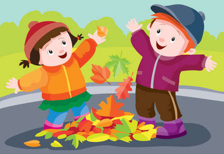 children, boy and girl, play in the street in autumn and have fun throwing foliage into the air, cartoon illustration, vector, epsのイラスト素材