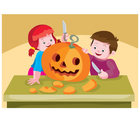 children, boy and girl cut out pumpkin eyes and smile, cartoon illustration, vector, epsのイラスト素材