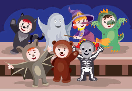 children dressed in different costumes for the holiday halloween, skeleton, bear, bat, ghost, cartoon illustration, vector, epsのイラスト素材