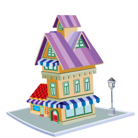 cute two storey house with attic and lantern, cartoon illustration, isolated object on white background, vector illustrationのイラスト素材