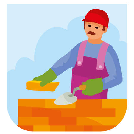 cartoon illustration, construction worker bricklayer in hard hat lays a wall of red bricks, vector illustration, epsのイラスト素材