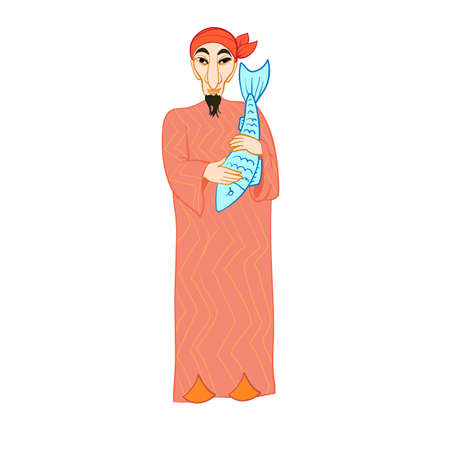 arab, Bedouin in national dress, holding a fish, isolated object on white background, cartoon illustration, vector illustrationのイラスト素材