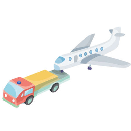 truck transporting plane, cartoon illustration, vector illustration, isolated object on white background, vector illustrationのイラスト素材