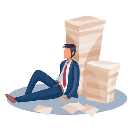 a man sitting tiredly and leaning against a pile of papers behind his back, fatigue, depression, impotence, isolated object on a white background, vector illustration, epsのイラスト素材