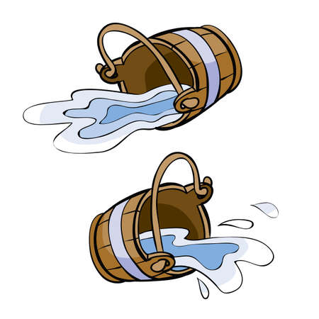 set of two wooden buckets that fell and splashed out of them water, cartoon illustration, isolated object on white background, vector, epsのイラスト素材