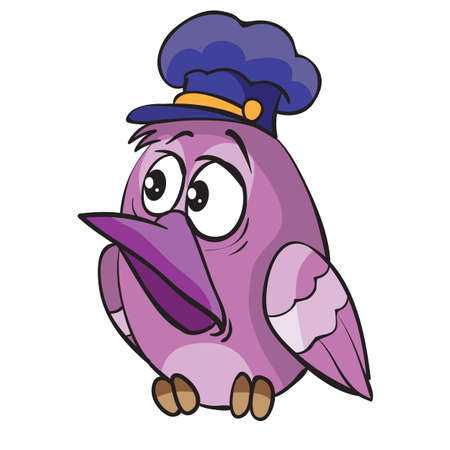 cute purple bird character in service cap, cartoon illustration, isolated object on white background, vector, epsのイラスト素材