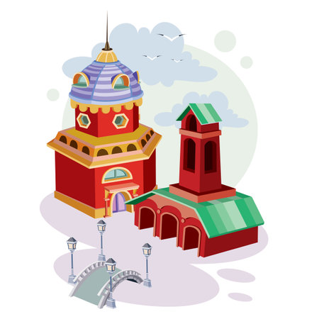 cute city landscape with soor, bridge and small church, cartoon illustration, isolated object on white background, vector illustration, epsのイラスト素材