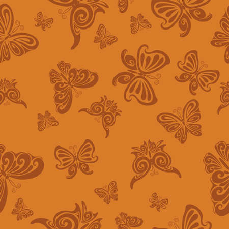 pattern, dark brown stylized butterflies on a light brown background, vector illustrationのイラスト素材