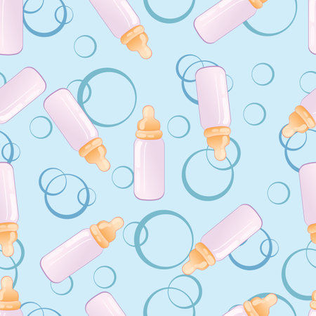 pattern, decor of baby bottles with milk in pink color on a dull background, vector illustration, epsのイラスト素材