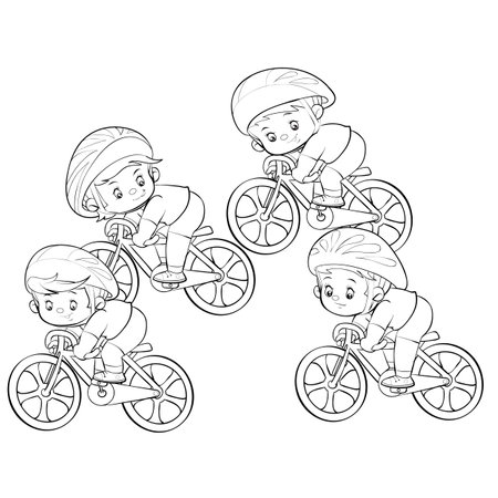 sketch, four cyclists take part in the competition, isolated object on white background, cartoon illustration, vector, epsのイラスト素材