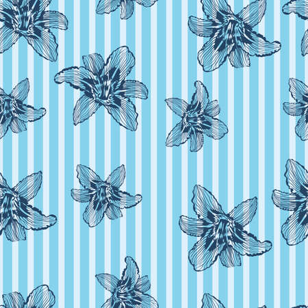 pattern, on a blue background blue outlines of a flower lily, vector illustration, epsのイラスト素材