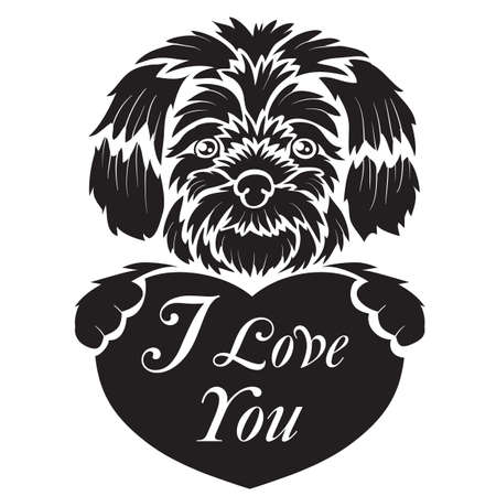 stylized cute dog in black holding a heart with an inscription in its paws,  isolated object on a white background, vector illustration, epsのイラスト素材