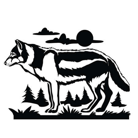 stylized wolf in black on the background of the forest and the dark moon, isolated object on a white background, vector illustration, epsのイラスト素材