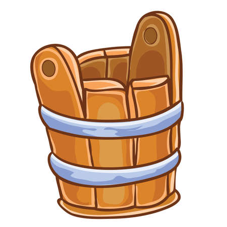 old wooden bucket, tub of brown color, cartoon illustration, isolated object on white background, vector,のイラスト素材