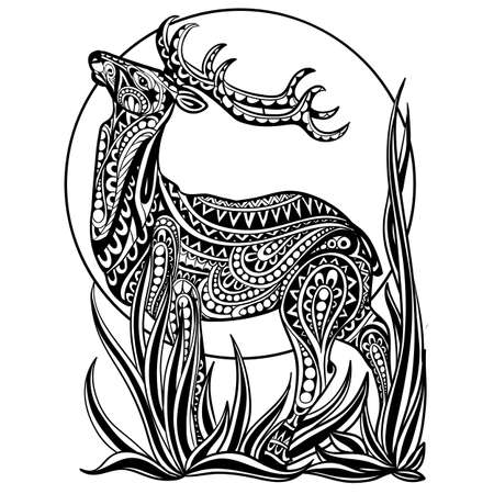 the deer is drawn in zentangle style, the beast stands in profile with its head up high, isolated object on a white background, vector illustration, epsのイラスト素材