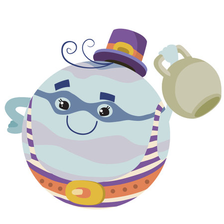 planet jupiter as a strongman from the circus with a mustache, in shortaz and with a big kettlebell in his hand, cartoon illustration, isolated object on a white background, vector, epsのイラスト素材