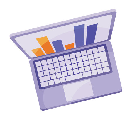purple laptop with an open lid on the monitor of which the graph glows, top view, isolated object on a white background, vector illustration, eps.のイラスト素材